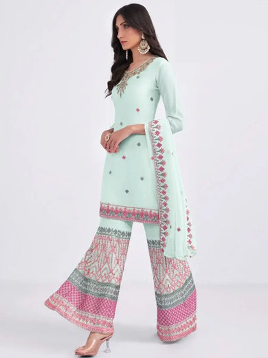 Capricious Sky Blue Thread Embroidery Georgette Sharara Suit